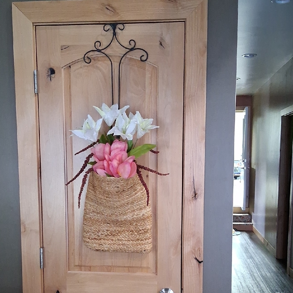 Woven Wall Basket with Pink and White Flowers